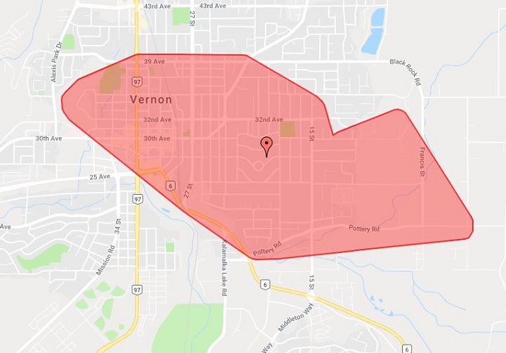 A map showing the power outage in Vernon.