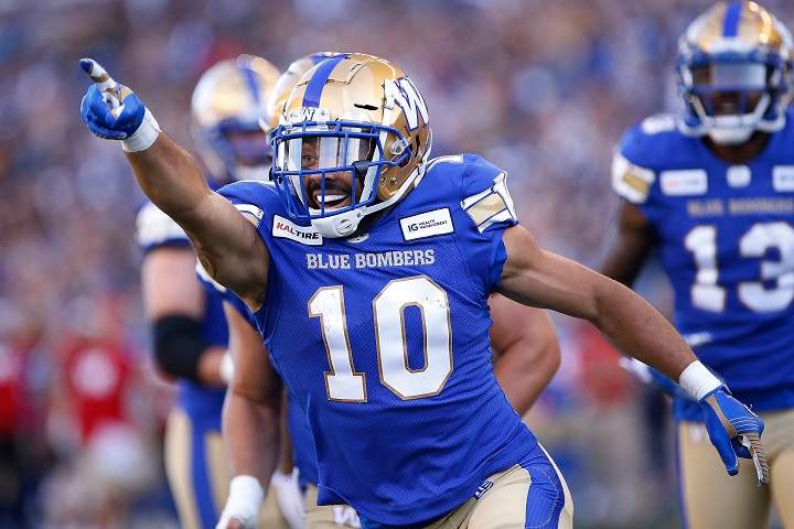 Winnipeg Blue Bombers' Nic Demski (10) celebrates his touchdown during the first half of CFL action against the Edmonton Eskimos in Winnipeg Thursday, June 27, 2019. 