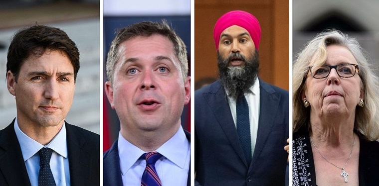 Federal party leaders from left to right: Liberal Party Leader Justin Trudeau, Conservative Party Leader Andrew Scheer, NDP Leader Jagmeet Singh, Green Party Leader Elizabeth May,.