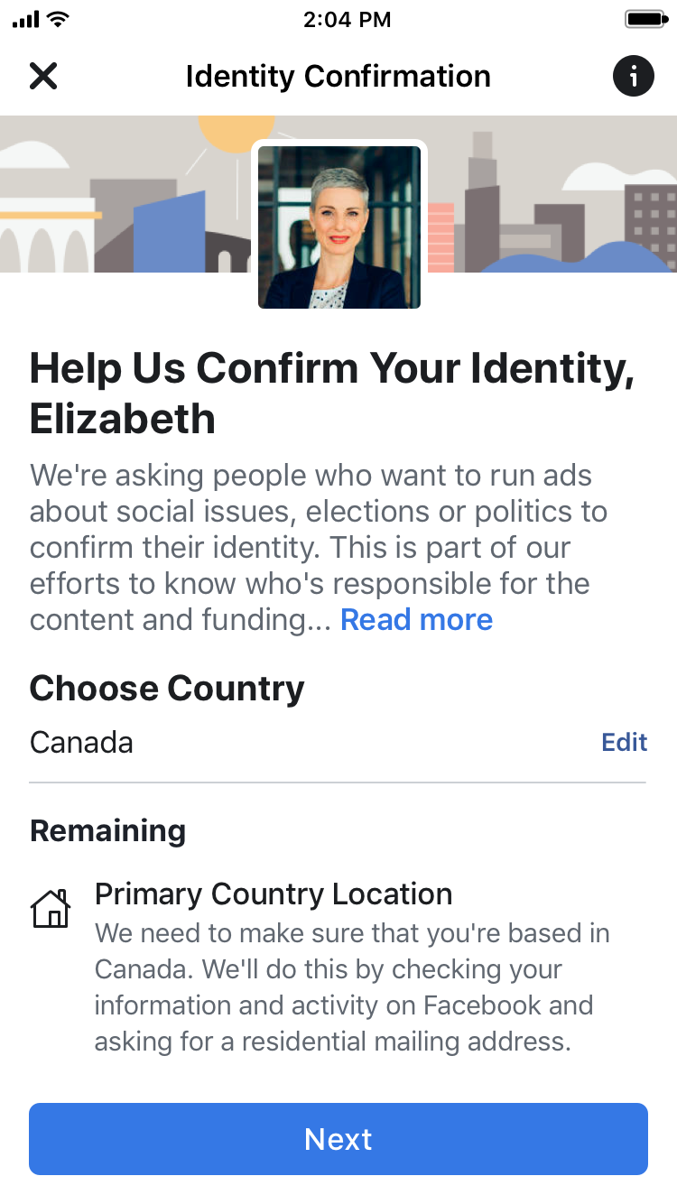 Facebook advertiser identity confirmation.