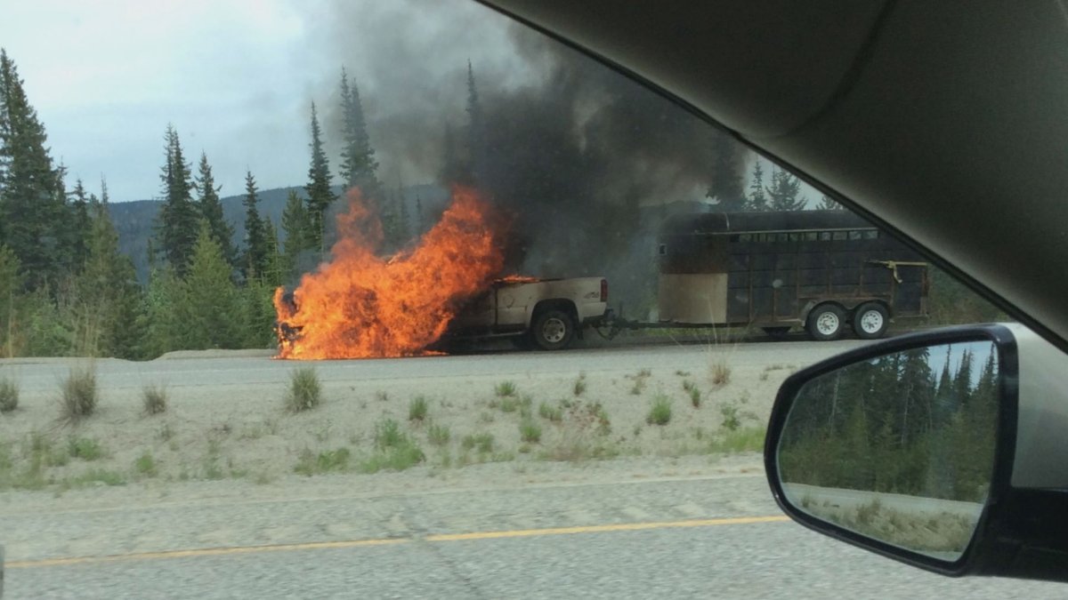 A Prince George man and woman escaped from their vehicle after it burst into flames on the Okanagan Connector on Monday. 