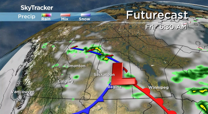 Cooler air sinks in behind a system swinging through Saskatchewan on Friday.