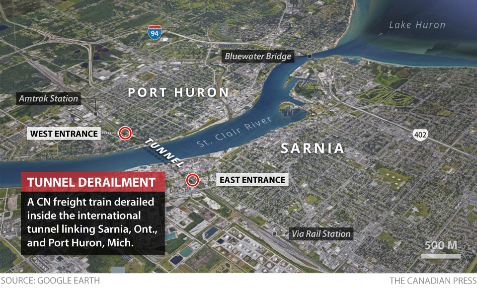 A train derailed while crossing the border between Sarnia, Ont. and Port Huron, Mich. on Friday.