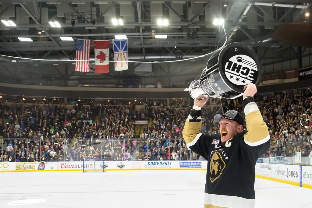Newfoundland Growlers' James Melindy hoists the Kelly Cup to win the East Coast Hockey League championship against the Toledo Walleye in St. John's, N.L. on Tuesday, June 4, 2019 in this handout photo.