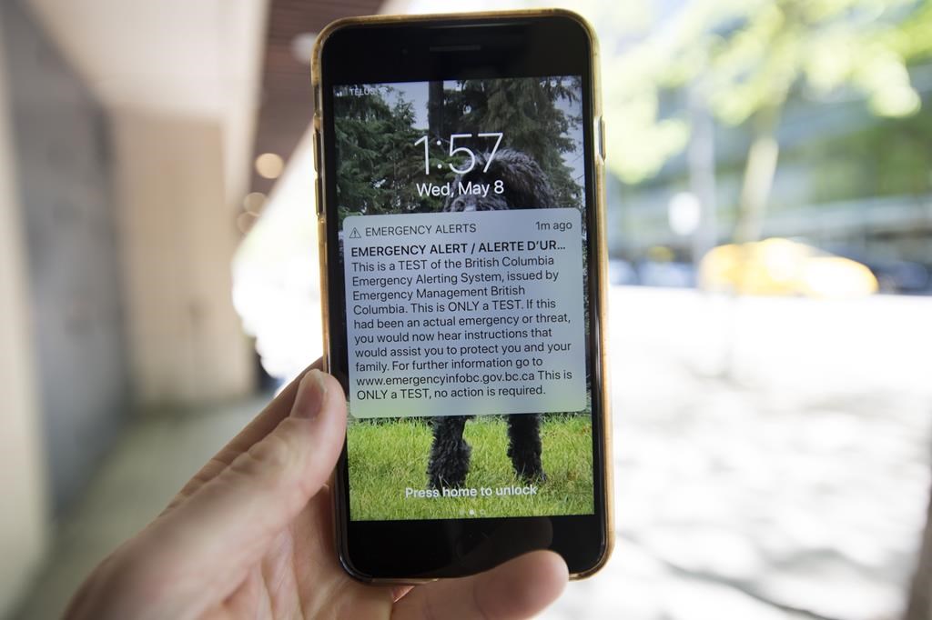 A emergency alert text message is pictured on a smartphone in Vancouver, Wednesday, May 8, 2019.