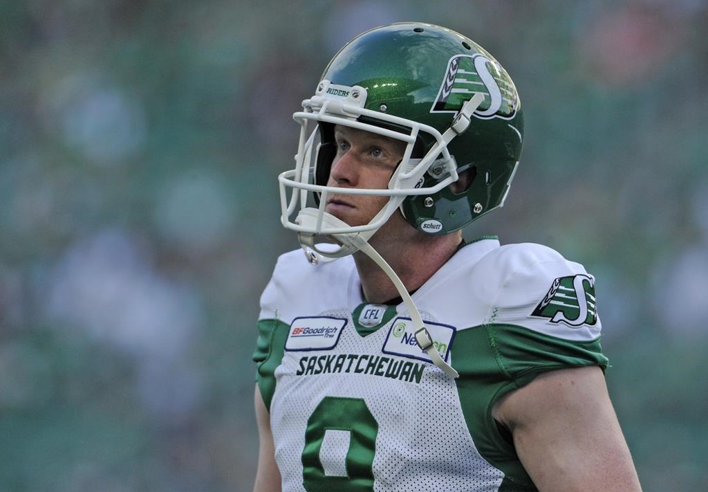Saskatchewan Roughriders' Jon Ryan looks up into the stands after a punt during first half CFL pre-season action at Mosaic Stadium in Regina on Thursday, June 6, 2019.