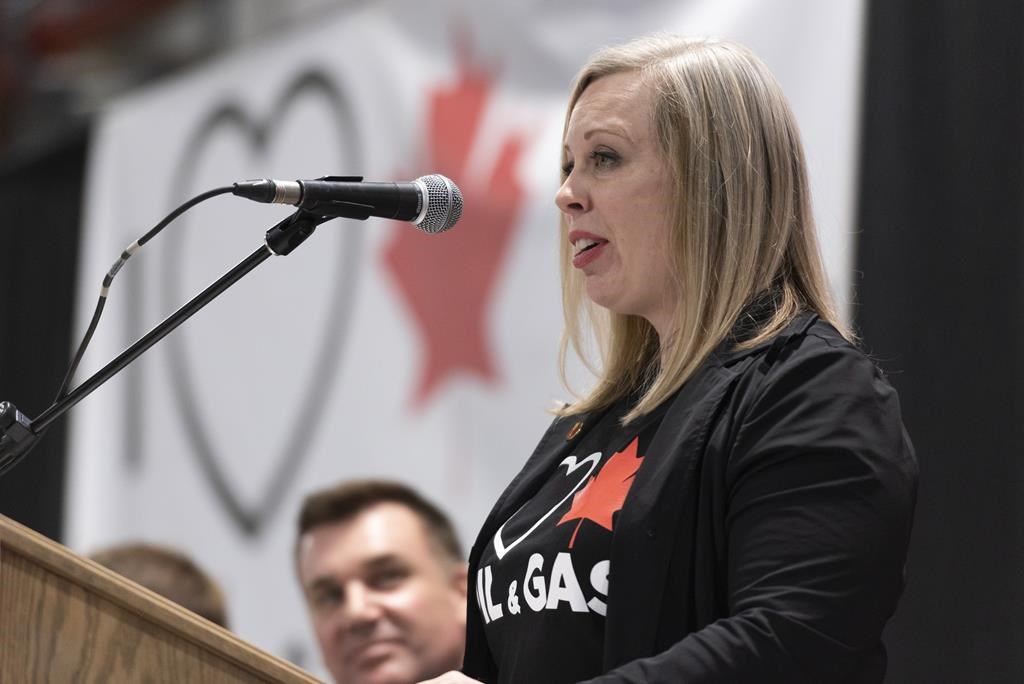 Saskatchewan Senator Denise Batters speaks during a pro-pipeline rally at IJACK Technologies Inc. near Moosomin, Sask., on Saturday, Feb. 16, 2019.