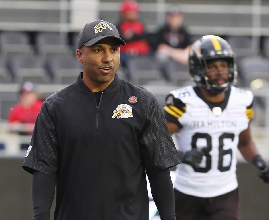 Orlondo Steinauer, head coach for the Hamilton Tiger-Cats, is shown prior to playing the Ottawa Redblacks in CFL pre-season football in Ottawa Saturday, June 1, 2019. Either Orlondo Steinauer or Craig Dickenson will emerge victorious in the CFL head-coaching debuts. THE CANADIAN PRESS/Fred Chartrand