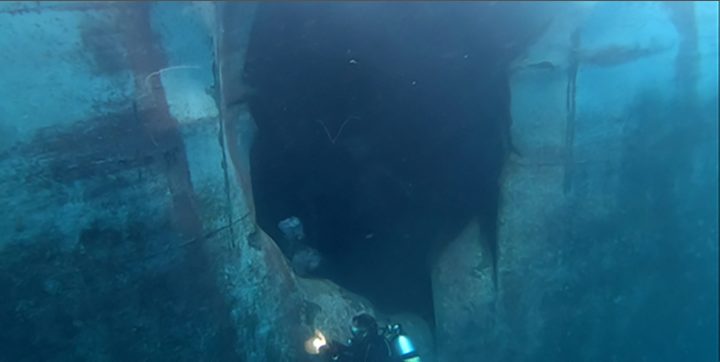 An undated photograph provided June 6, 2019 by the United Arab Emirates mission to the United Nations shows underwater damage to the Emirati vessel A. Michel in the Port of Fujairah.