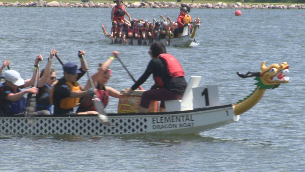 A photo of racers at the Lethbridge's 18th annual Dragon Boat Festival. 