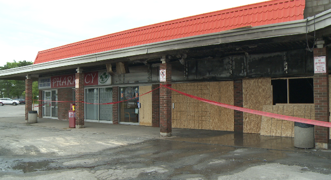 The plaza on Krosno Boulevard in Pickering remains closed after a fire ignited Sunday afternoon, leaving major damages. 