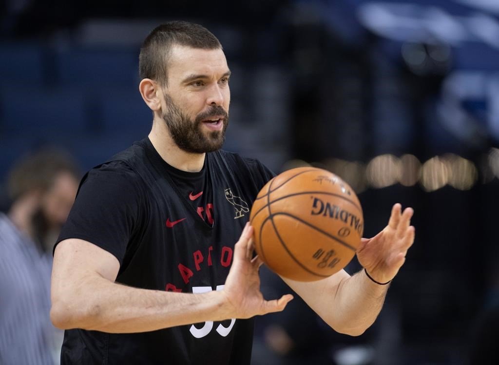 Toronto Raptors' Marc Gasol makes a pass at practice for the NBA Finals in Oakland on Wednesday, June 12, 2019.