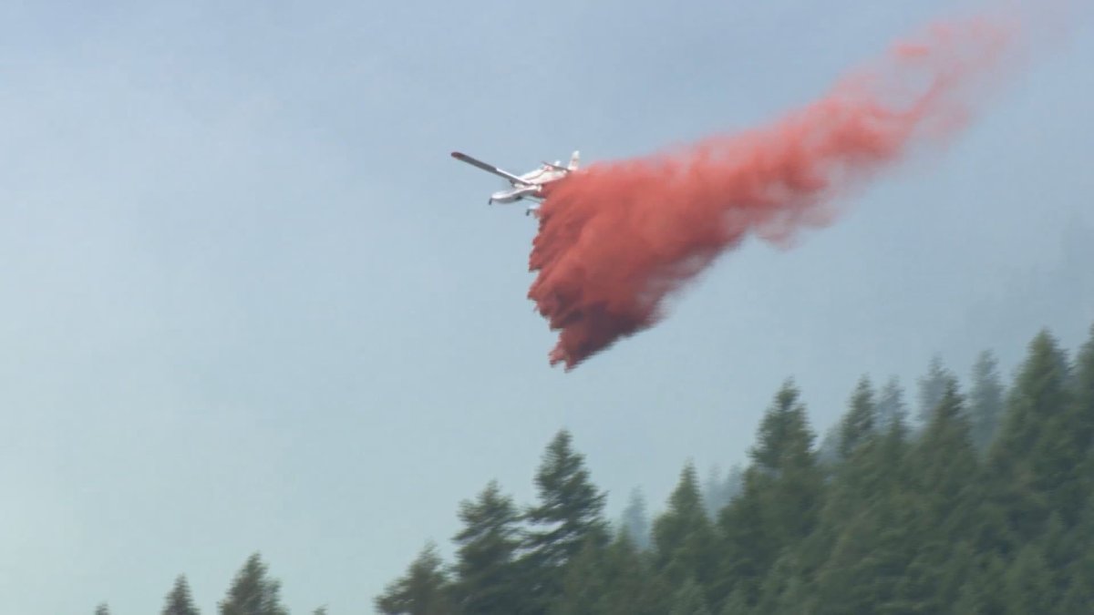Air crews drop fire retardant on a wildfire south of Lions Bay on Sunday, June 23, 2019. 