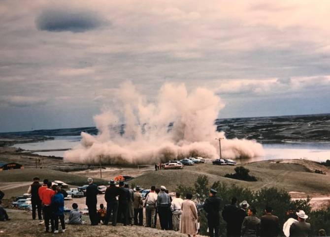 A half-tonne of dynamite was exploded under the South Saskatchewan River to signal the start of construction on the Gardiner Dam.