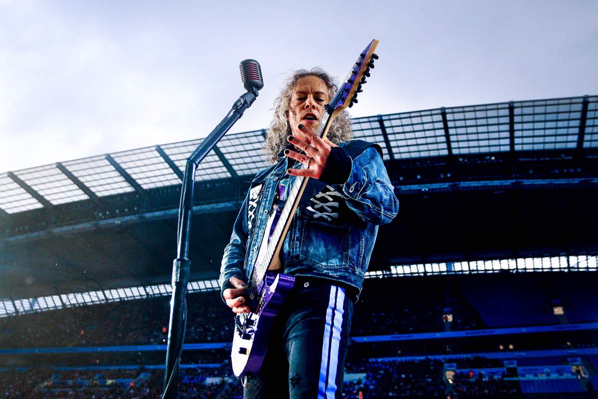 Kirk Hammett of Metallica performs on stage at the Etihad Stadium on June 18, 2019 in Manchester, England.