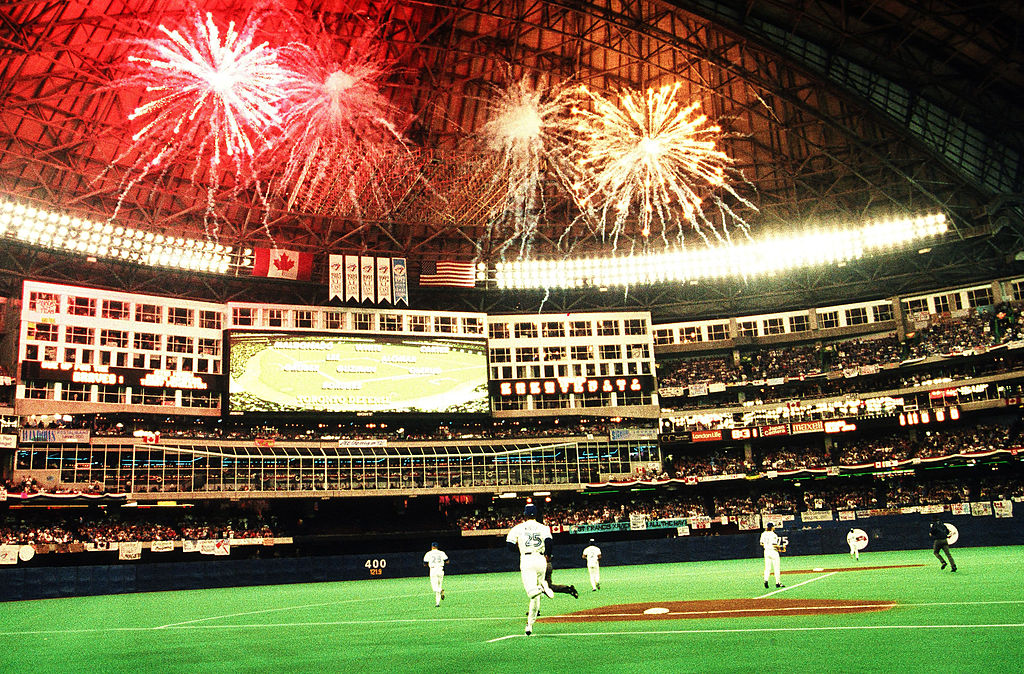 Fireworks explode prior to World Series game six between the Philadelphia Phillies and Toronto Blue Jays on October 23, 1993 at the Skydome in Toronto, Ontario, Canada. The Blue Jays defeated the Phillies 8-6.