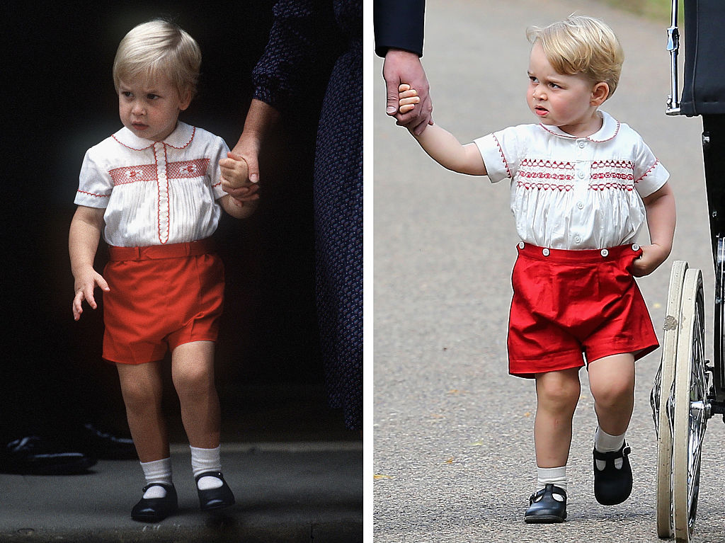In this composite image, a comparison has been made between Prince William (left) and Prince George (right) wearing similar clothing. Photo Getty Images