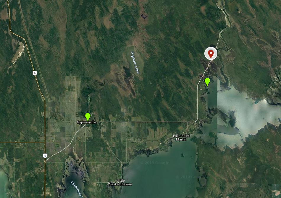 The vehicle crashed about 8 km north (top marker) of Big Rock Campground (middle marker.).
