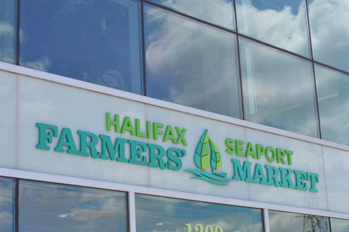 A sign for the Halifax Seaport Farmers Market on June 23, 2019.