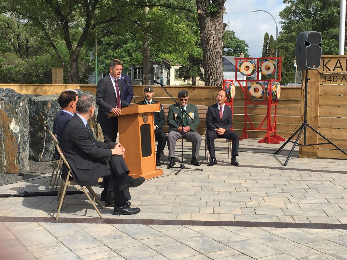 Winnipeg Mayor Brian Bowman speaking at the opening ceremony of Kapyong Park in St. James.