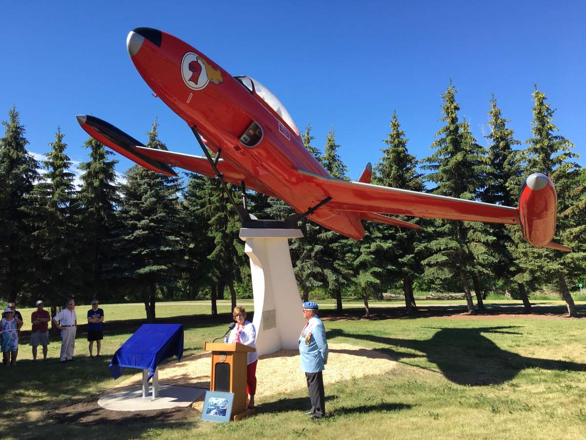 A refurbished and repainted RCAF T-33 military jet is being erected at Woodhaven Park in St. James.