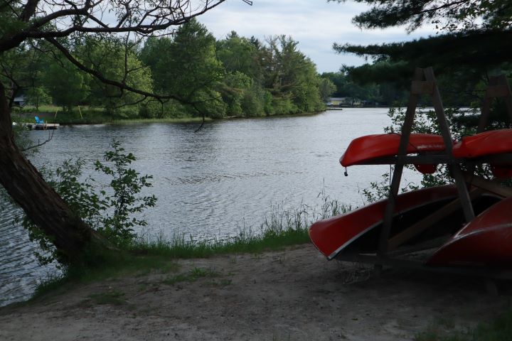 Stopping to look out at the water in Bracebridge.