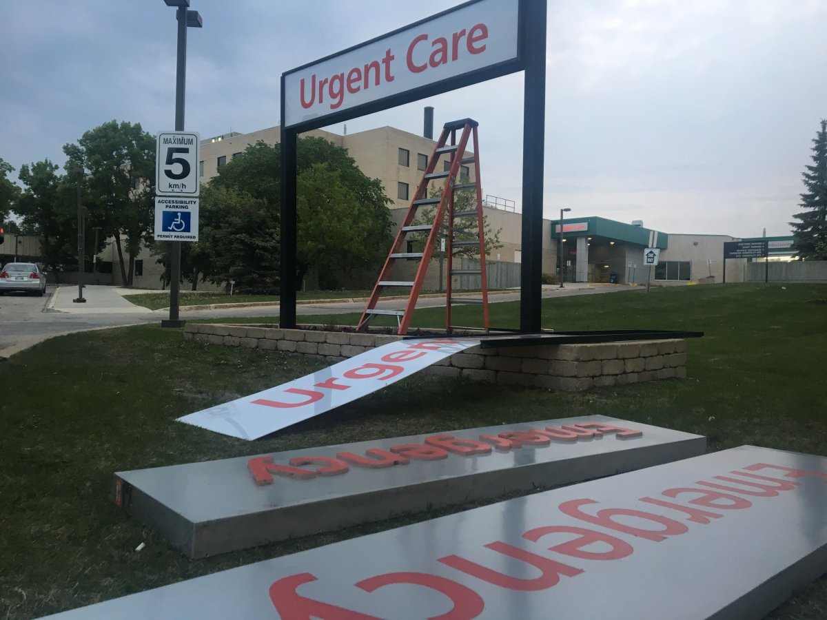 Concordia Hospital changes its sign from emergency room to urgent care centre.