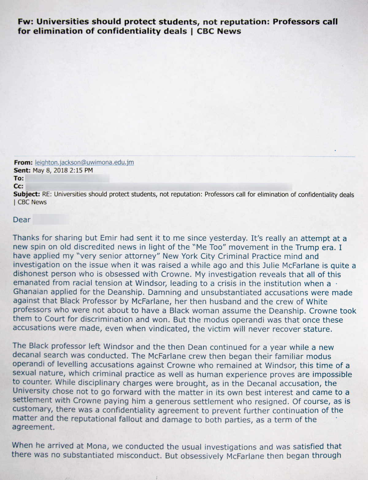 A portion of the email sent in May 2018 from the law dean at the University of the West Indies following a CBC article connecting the university’s then-senior lecturer, Emir Crowne, to sexual harassment allegations in Canada.