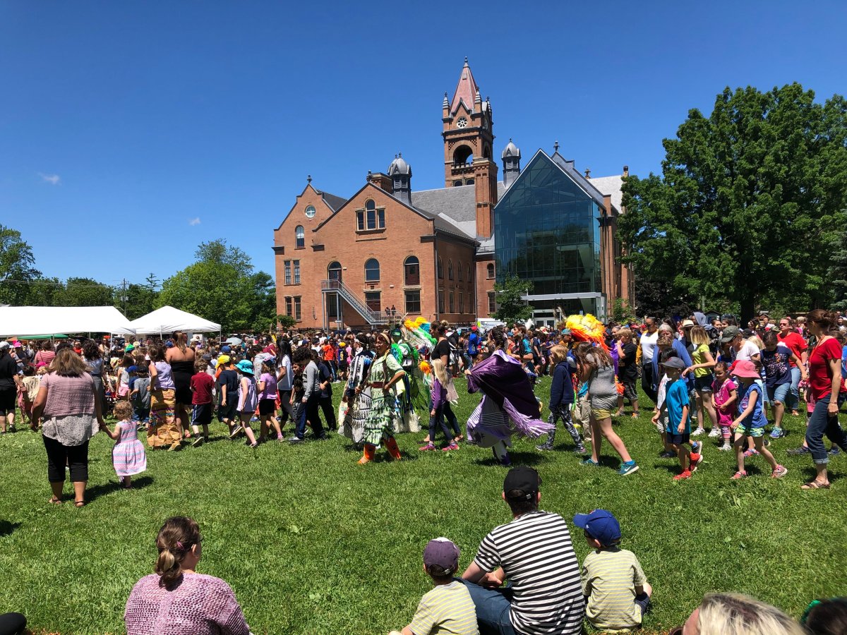 Indigenous social dancing takes place on the Green in Wortley Village during Indigenous Solidarity Day festivities.
