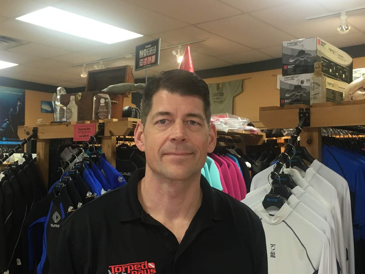 Torpedo Rays Scuba owner Jason Weickert says business has been slow at his shop on Quinpool Road since the CN Bridges Rehabilitation Project began on April 1, 2019.