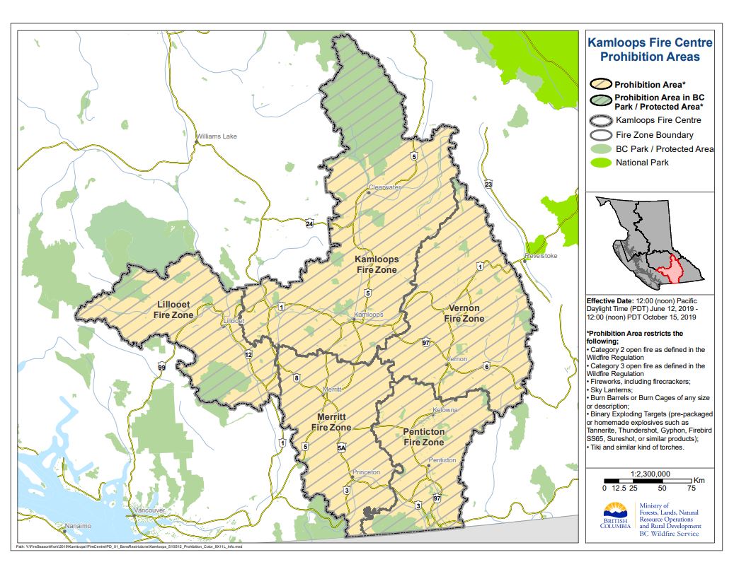 A map of the Kamloops Fire Centre, which includes several \”fire zones\” throughout the Okanagan and southern B.C.