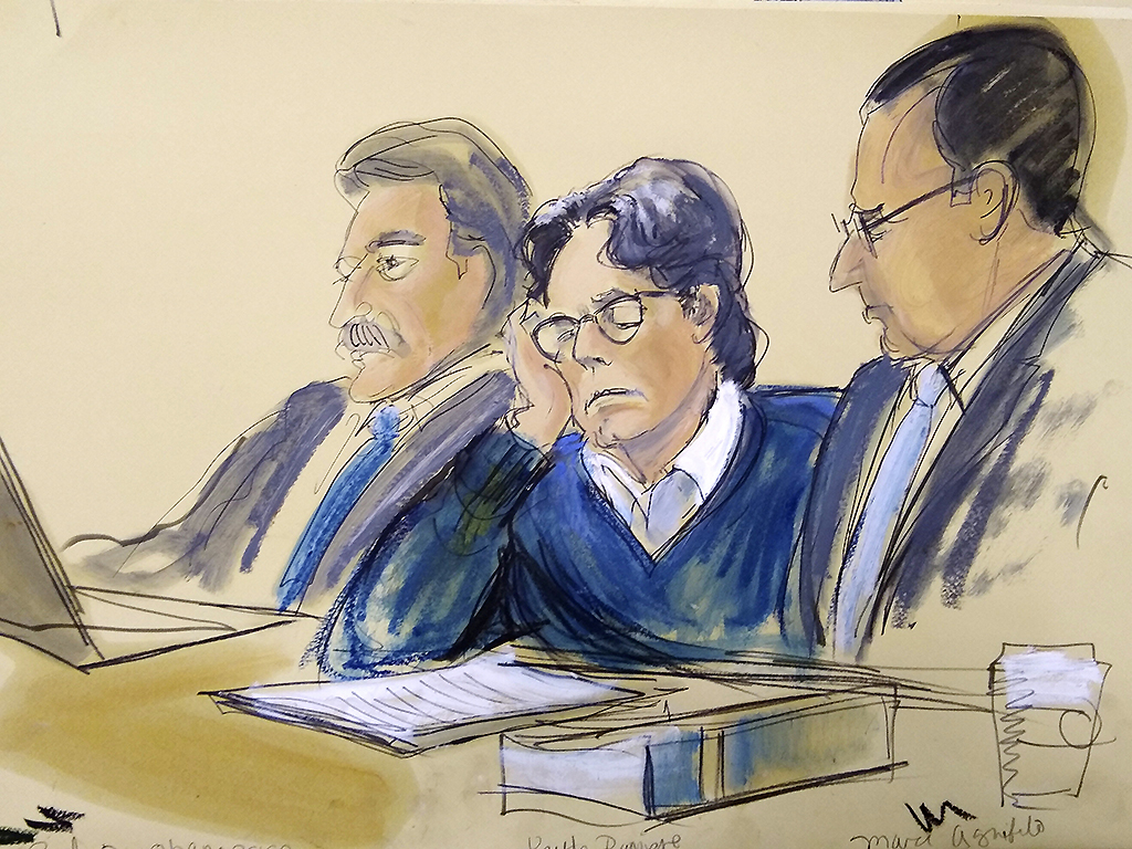 In this courtroom artist's sketch, defendant Keith Raniere (middle) sits with lawyers Paul DerOhannesian (L), and Marc Agnifilo during closing arguments at Brooklyn federal court on June 18, 2019 in New York.
