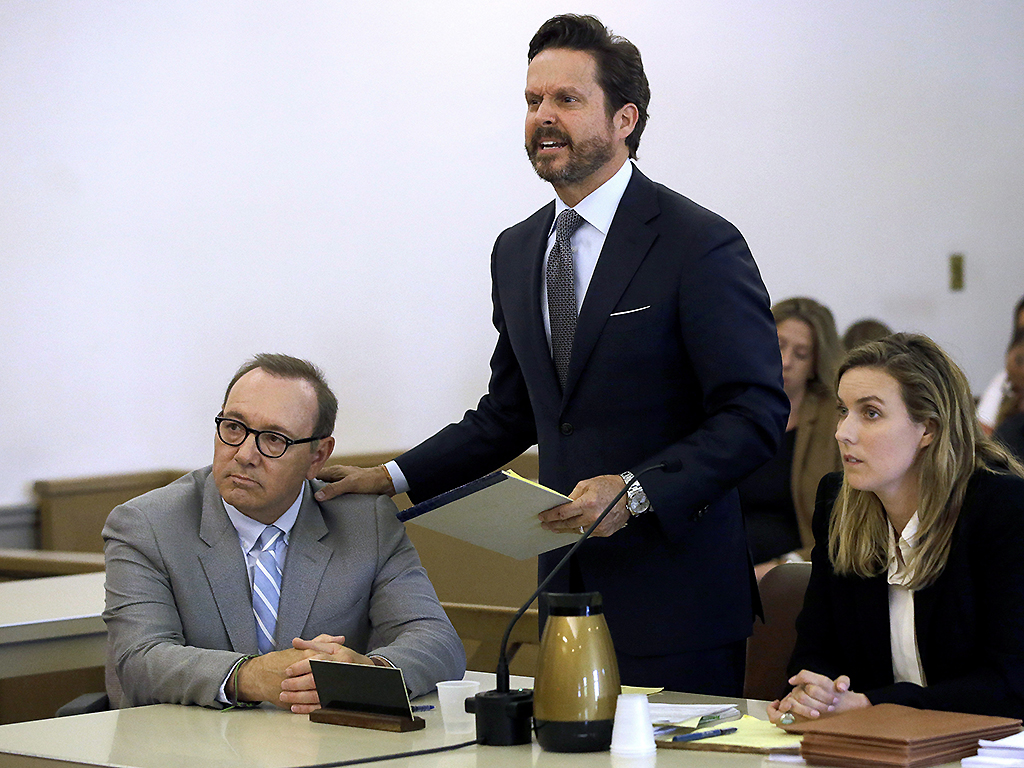 Kevin Spacey listens to attorney Alan Jackson address the court during a pretrial hearing on Monday, June 3, 2019, at district court in Nantucket, Mass.