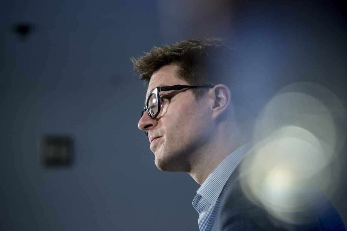 Toronto Maple Leafs general manager Kyle Dubas speaks to reporters after a locker clean out at the Scotiabank Arena in Toronto, on Thursday, April 25, 2019. 