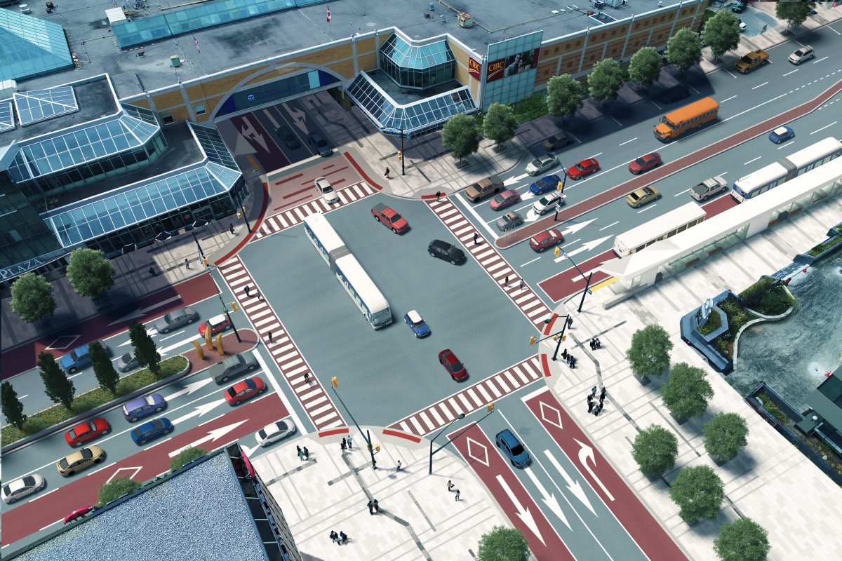 Rendering of the bus rapid transit system as seen at King and Wellington streets. The rendering may not be final.