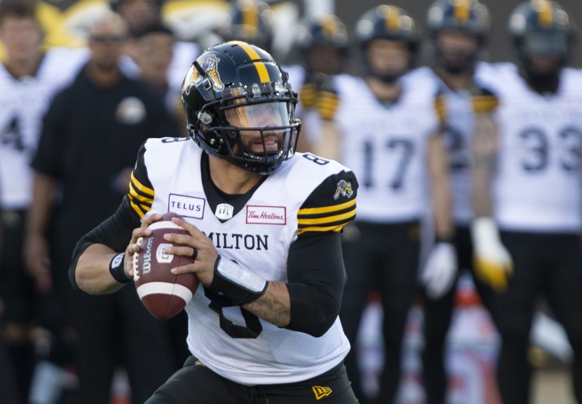 Hamilton Tiger-Cats quarterback Jeremiah Masoli looks downfield for a receiver during first half CFL pre-season football game action against the Toronto Argonauts in Hamilton, Ont. on Thursday, June 6, 2019.