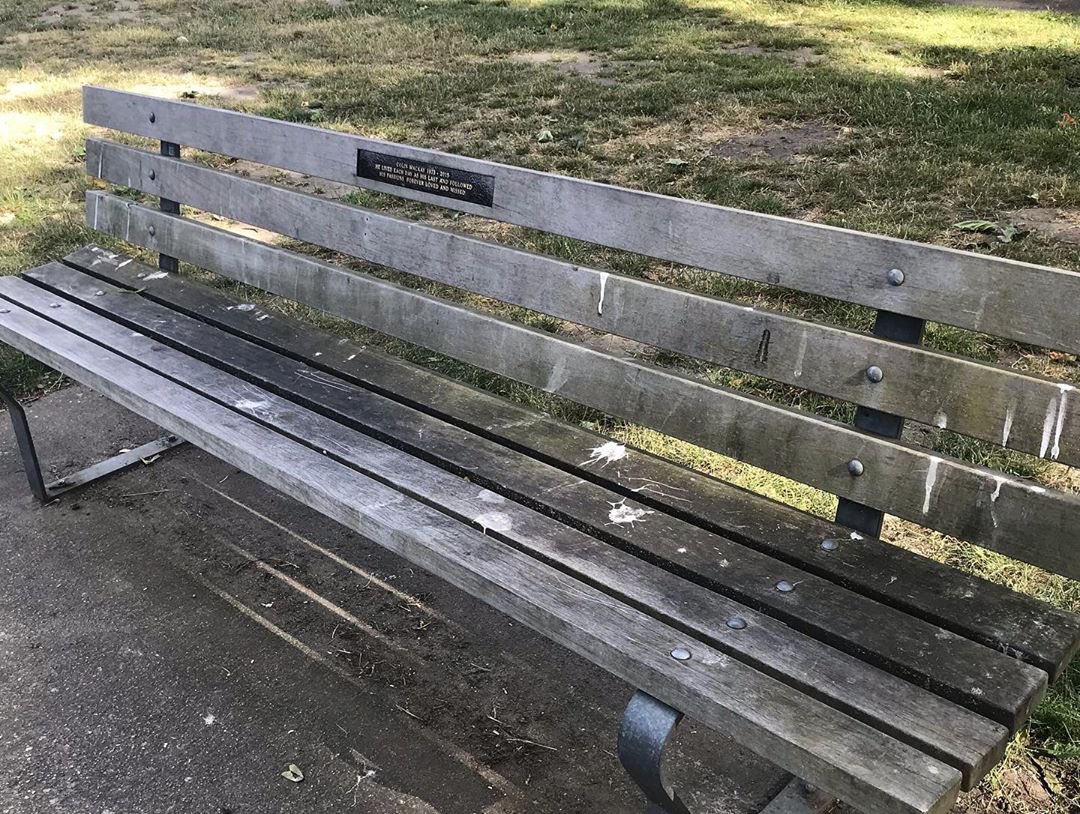 Julia Goudkova says her late partner’s memorial bench was looking “drab and grey” before she repainted it.