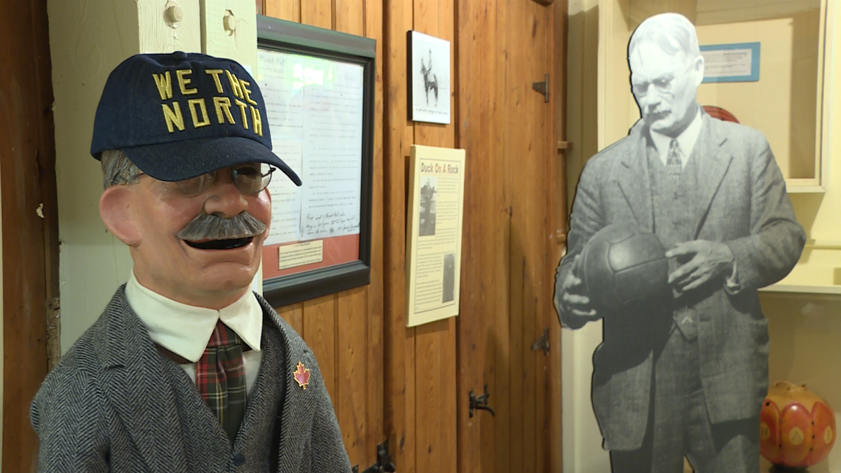 Exhibits in the Naismith museum exhibit include a puppet made in his image, sporting some Raptors swag.
