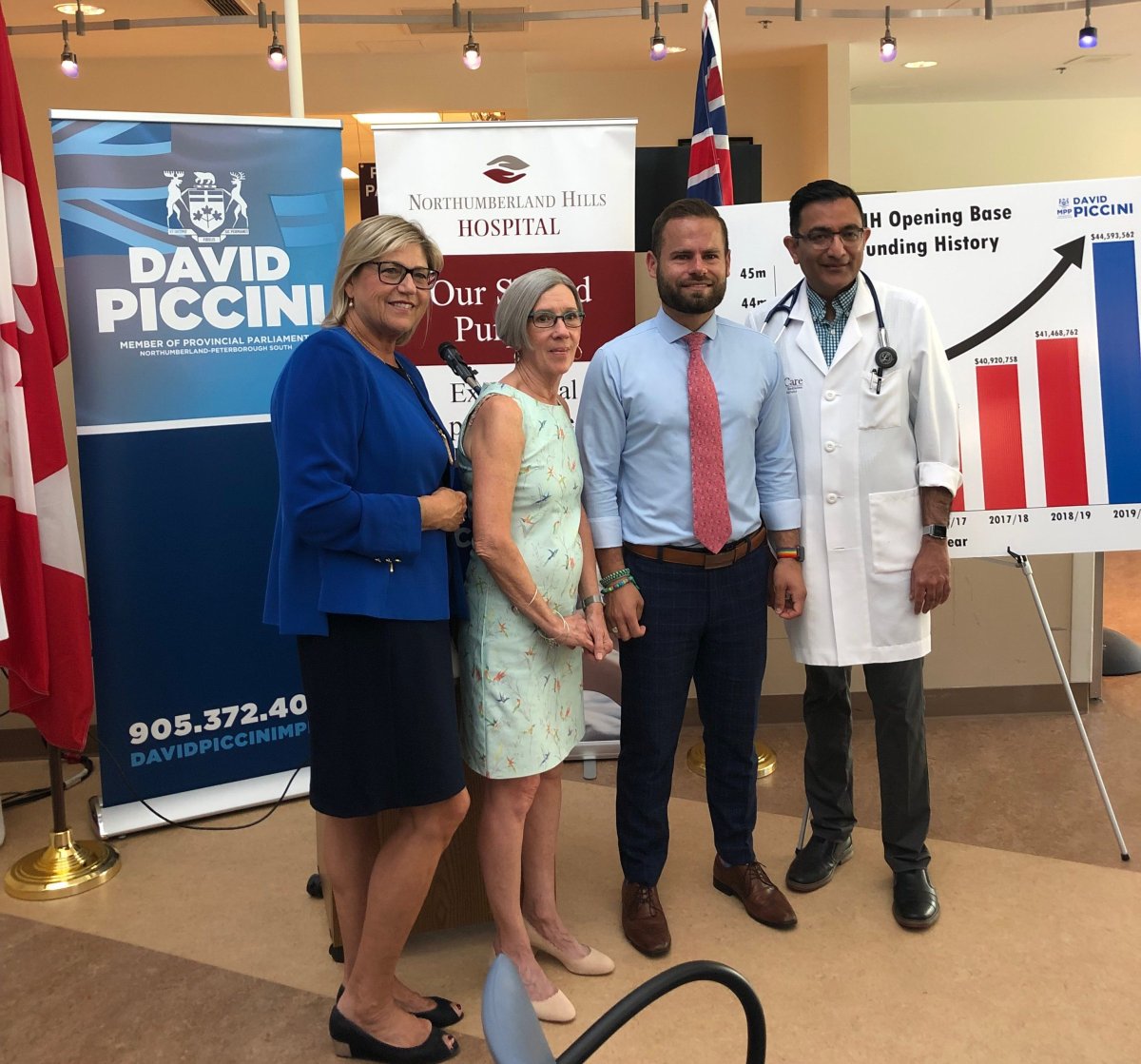 Northumberland-Peterborough South MPP David Piccini, third from right, announces $1 million in base funding for Northumberland Hills Hospital. Joining him were, from left, NHH president and CEO Linda Davis, board vice chair Pamela Went and Dr. Mukesh Bhargava, hospital chief of staff.