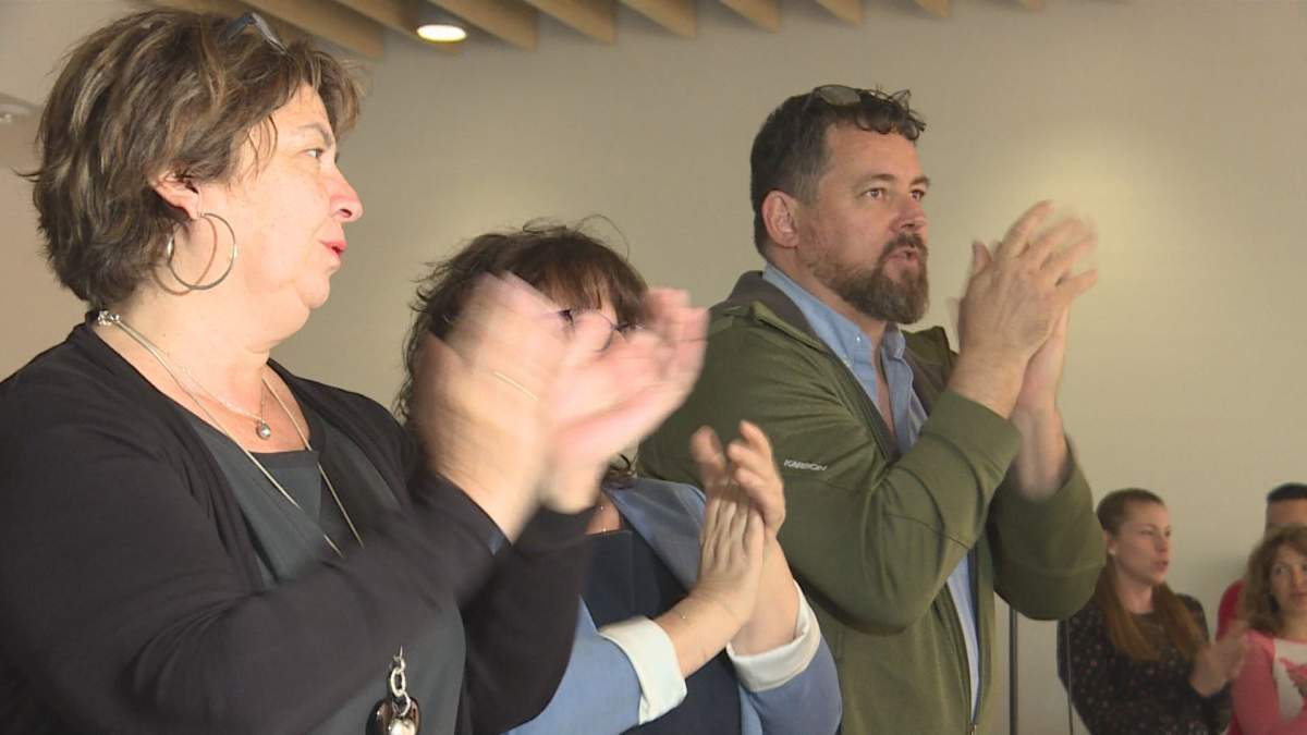 Quebec Orderlies chant as they held a forum to look over solutions to better their working conditions. 