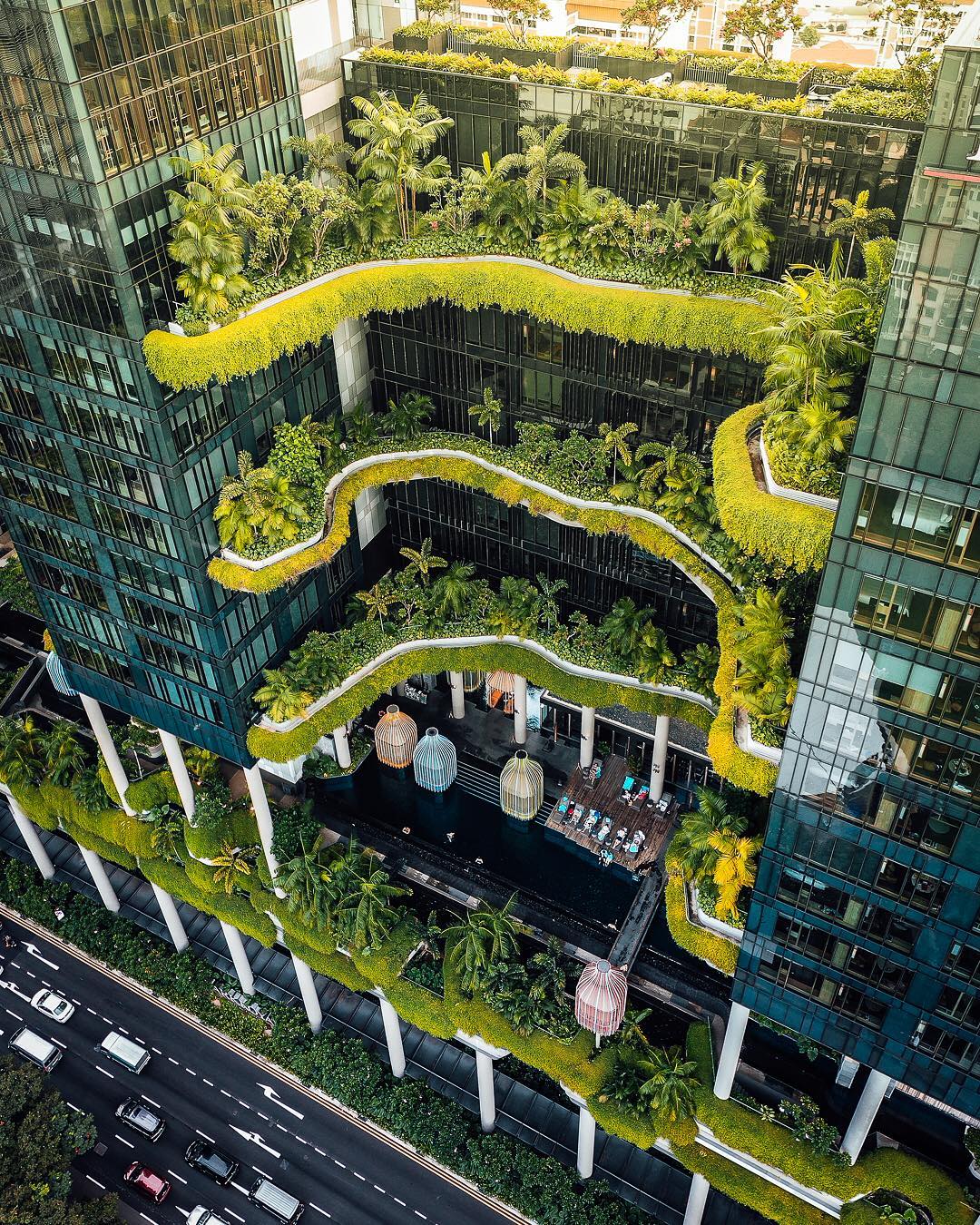 The Parkroyal Hotel in Singapore is shown in this image taken from above.