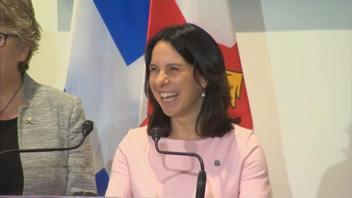 Montreal Mayor Valérie Plante is all smiles as she announces the city's new tramway.
