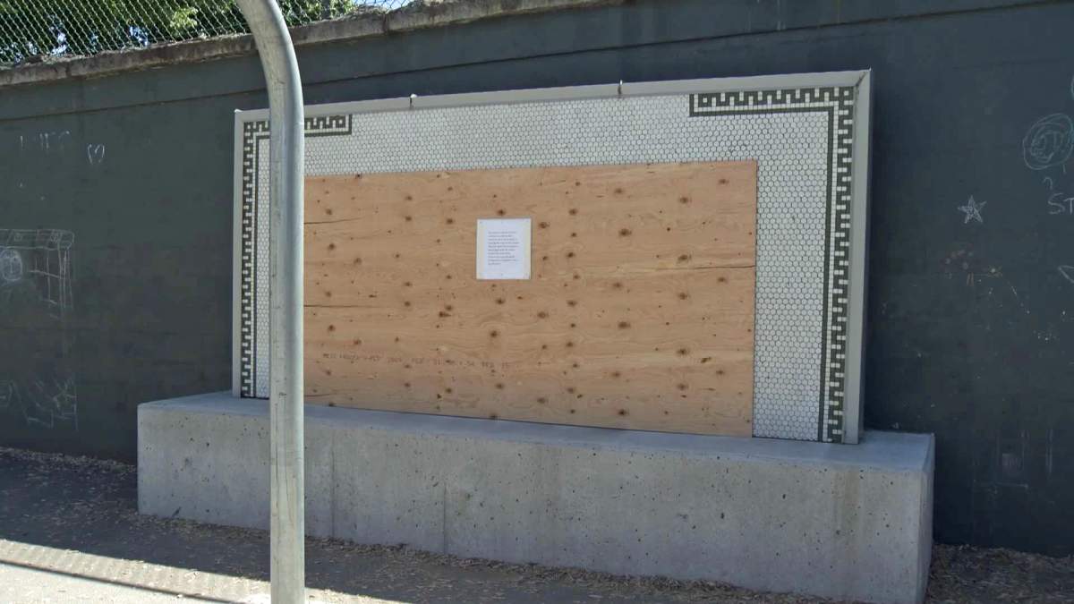 A name plague reading "Cecil Rhodes School" at Vancouver's L'Ecole Bilingue has been covered over. 