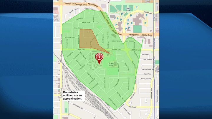 Map for the outage area. The orange area represents École Forest Grove School and surrounding properties, the green area represents all others affected.
