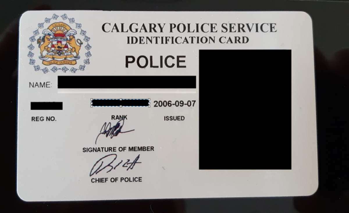 An example of a police identification card stolen from a Calgary officer on Friday.
