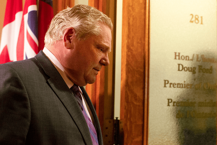 Ontario Premier Doug Ford returns to his office in the Queen's Park Legislature in Toronto on May 27, 2019.