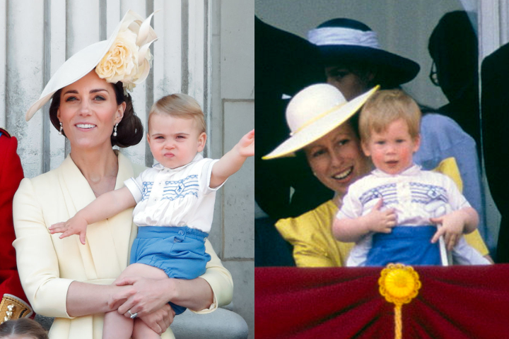 The Duchess of Cambridge and Prince Louis of Cambridge on June 8 2019 (left) and Princess Anne and Prince Harry in 1986 (right). Photo: Getty Images