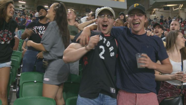Raptors fans celebrate the team’s historic NBA Championship victory in Regina’s Jurassic Park at Mosaic Stadium.