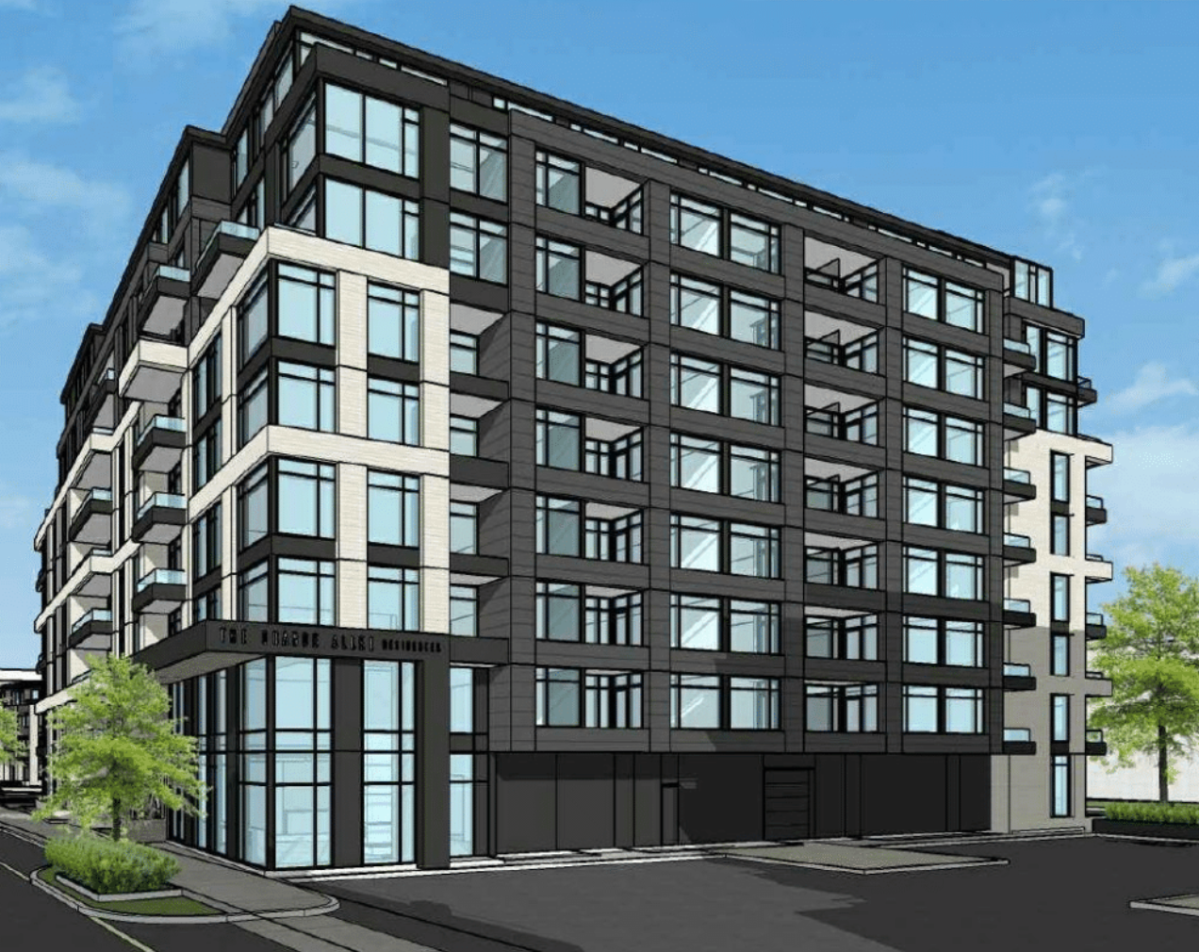 An updated rendering for a mixed-use building at 10 Oblats Ave. in Greystone Village in Old Ottawa East. 