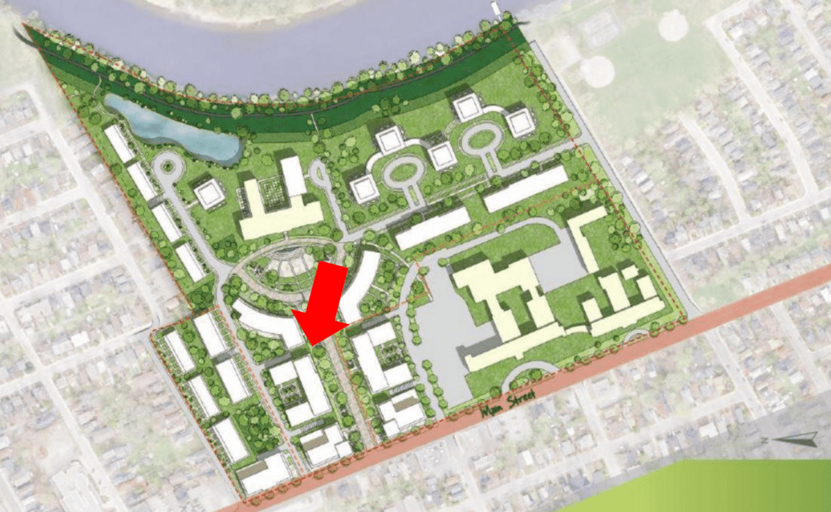 An aerial rendering of Greystone Village. The red arrow points to 10 Oblats Ave.
